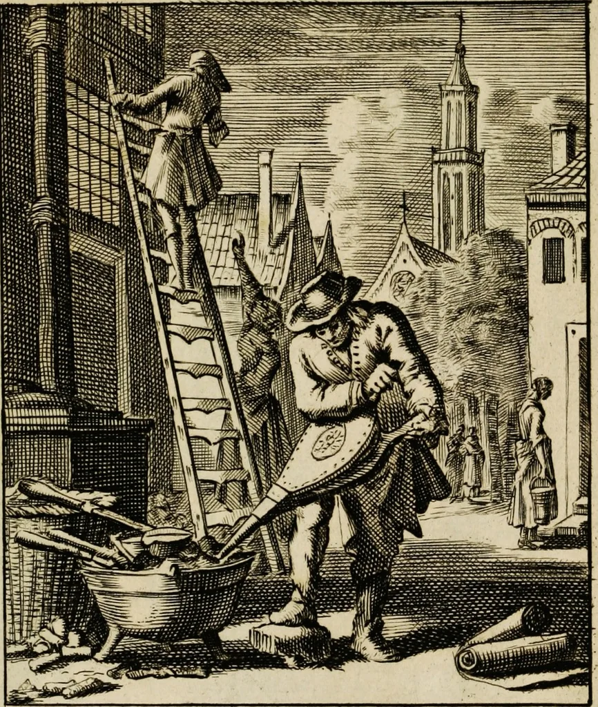An illustration from Spiegel van het menselyk bedryf: vertoonende honderd verscheiden ambachten, konstig afgebeeld en met godlyke spreuken en stichtelyke verzen verryke, 1730, leaf 23