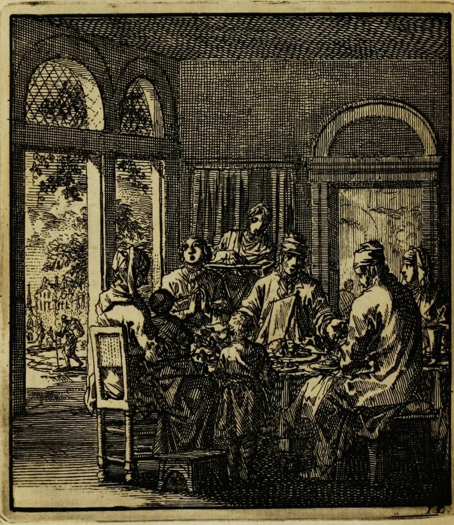 An illustration from Spiegel van het menselyk bedryf: vertoonende honderd verscheiden ambachten, konstig afgebeeld en met godlyke spreuken en stichtelyke verzen verryke, 1730, leaf 232
