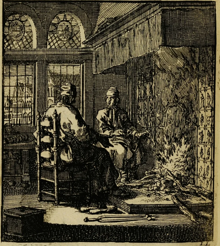 An illustration from Spiegel van het menselyk bedryf: vertoonende honderd verscheiden ambachten, konstig afgebeeld en met godlyke spreuken en stichtelyke verzen verryke, 1730, leaf 242
