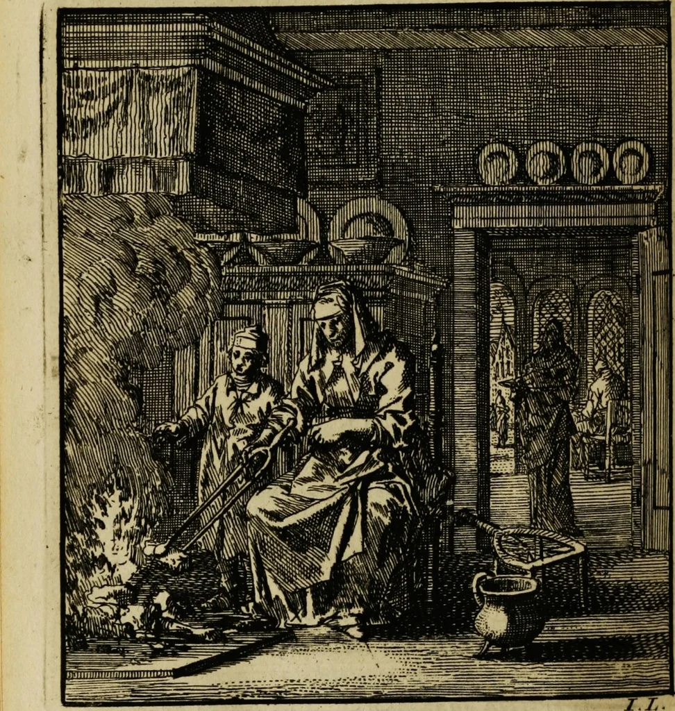 An illustration from Spiegel van het menselyk bedryf: vertoonende honderd verscheiden ambachten, konstig afgebeeld en met godlyke spreuken en stichtelyke verzen verryke, 1730, leaf 246