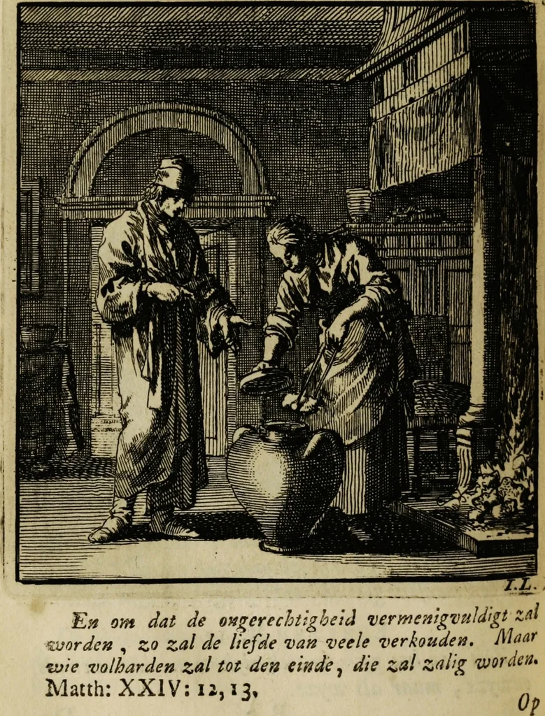 An illustration from Spiegel van het menselyk bedryf: vertoonende honderd verscheiden ambachten, konstig afgebeeld en met godlyke spreuken en stichtelyke verzen verryke, 1730, leaf 248