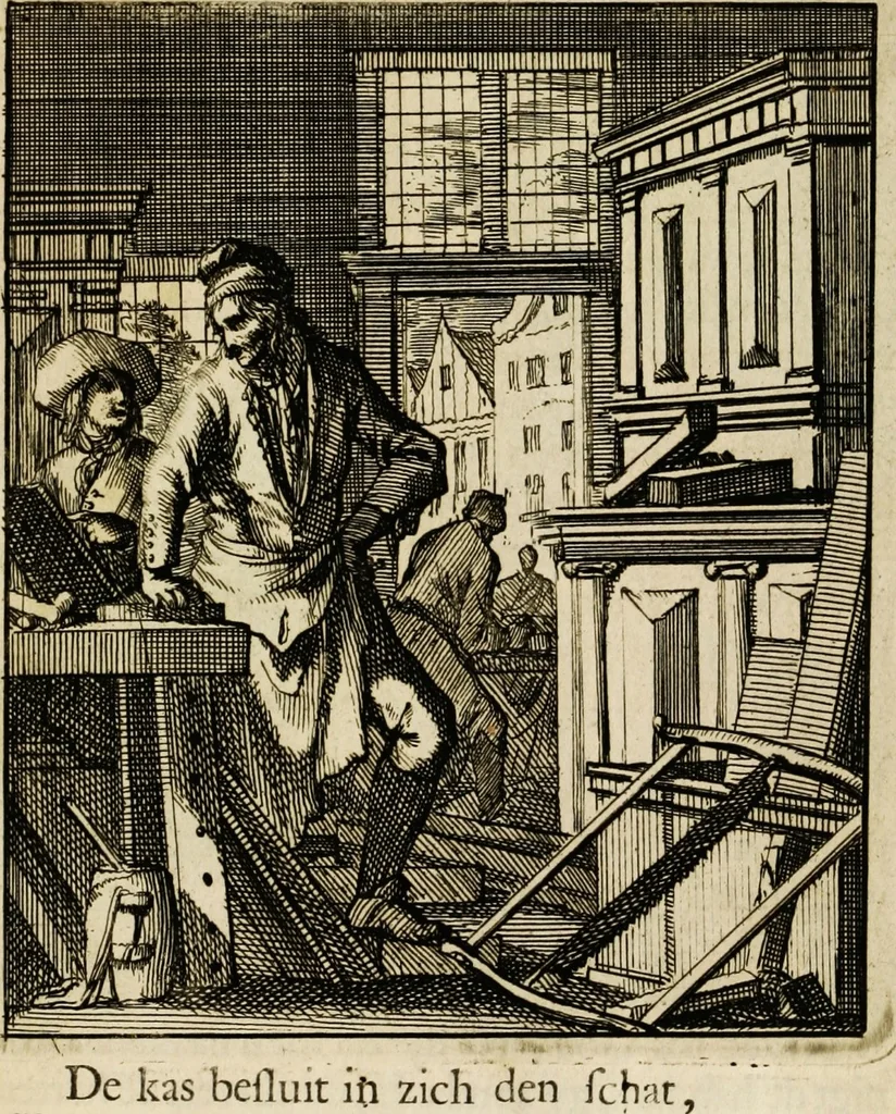 An illustration from Spiegel van het menselyk bedryf: vertoonende honderd verscheiden ambachten, konstig afgebeeld en met godlyke spreuken en stichtelyke verzen verryke, 1730, leaf 25