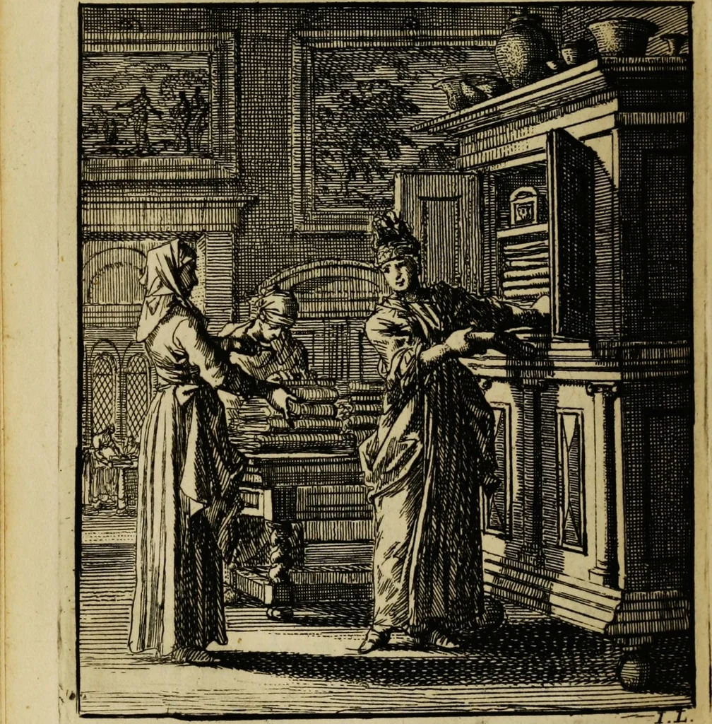 An illustration from Spiegel van het menselyk bedryf: vertoonende honderd verscheiden ambachten, konstig afgebeeld en met godlyke spreuken en stichtelyke verzen verryke, 1730, leaf 252
