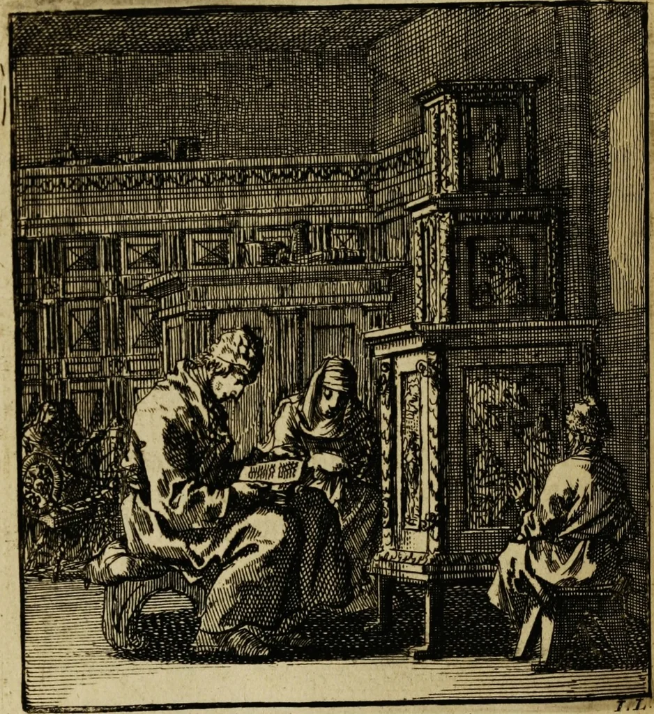 An illustration from Spiegel van het menselyk bedryf: vertoonende honderd verscheiden ambachten, konstig afgebeeld en met godlyke spreuken en stichtelyke verzen verryke, 1730, leaf 260