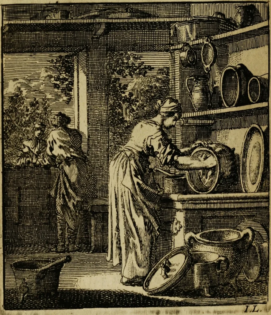 An illustration from Spiegel van het menselyk bedryf: vertoonende honderd verscheiden ambachten, konstig afgebeeld en met godlyke spreuken en stichtelyke verzen verryke, 1730, leaf 264