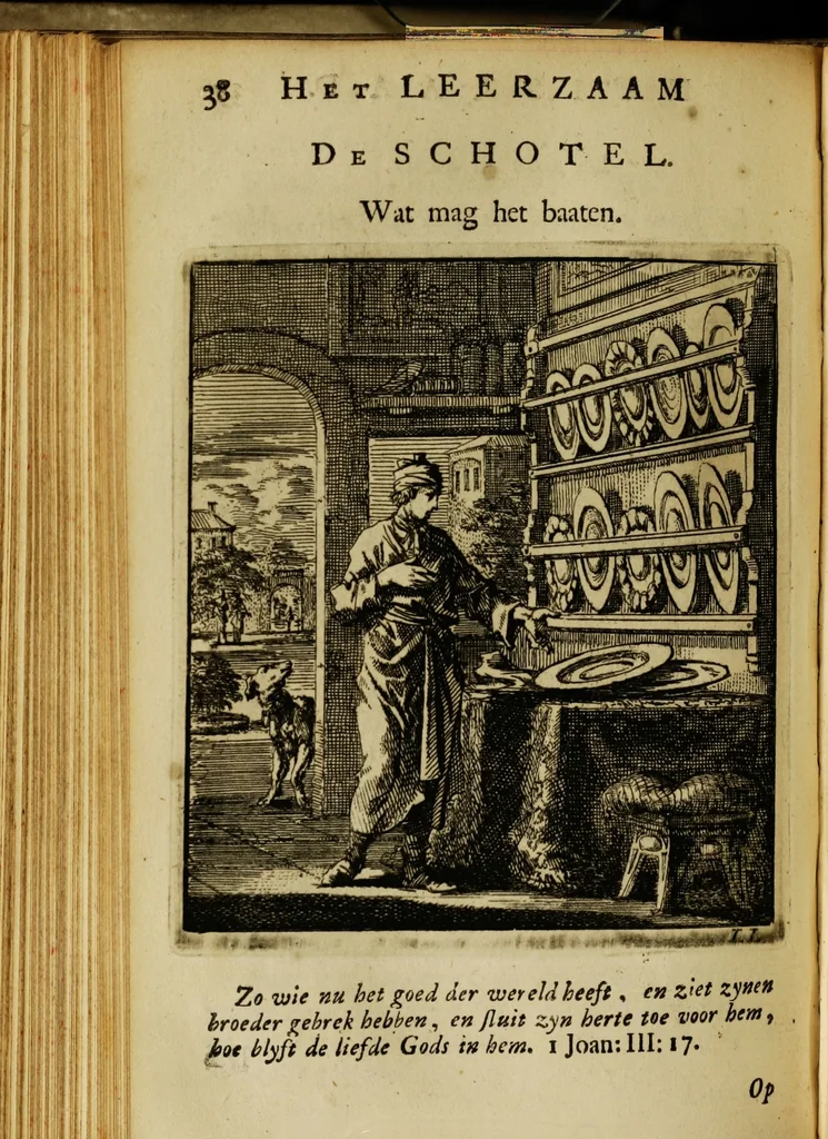 An illustration from Spiegel van het menselyk bedryf: vertoonende honderd verscheiden ambachten, konstig afgebeeld en met godlyke spreuken en stichtelyke verzen verryke, 1730, leaf 268