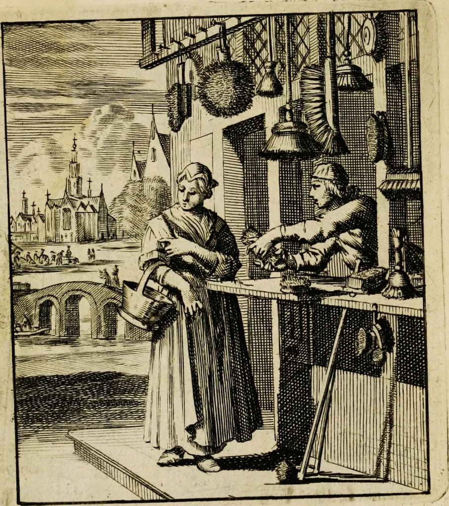 An illustration from Spiegel van het menselyk bedryf: vertoonende honderd verscheiden ambachten, konstig afgebeeld en met godlyke spreuken en stichtelyke verzen verryke, 1730, leaf 27