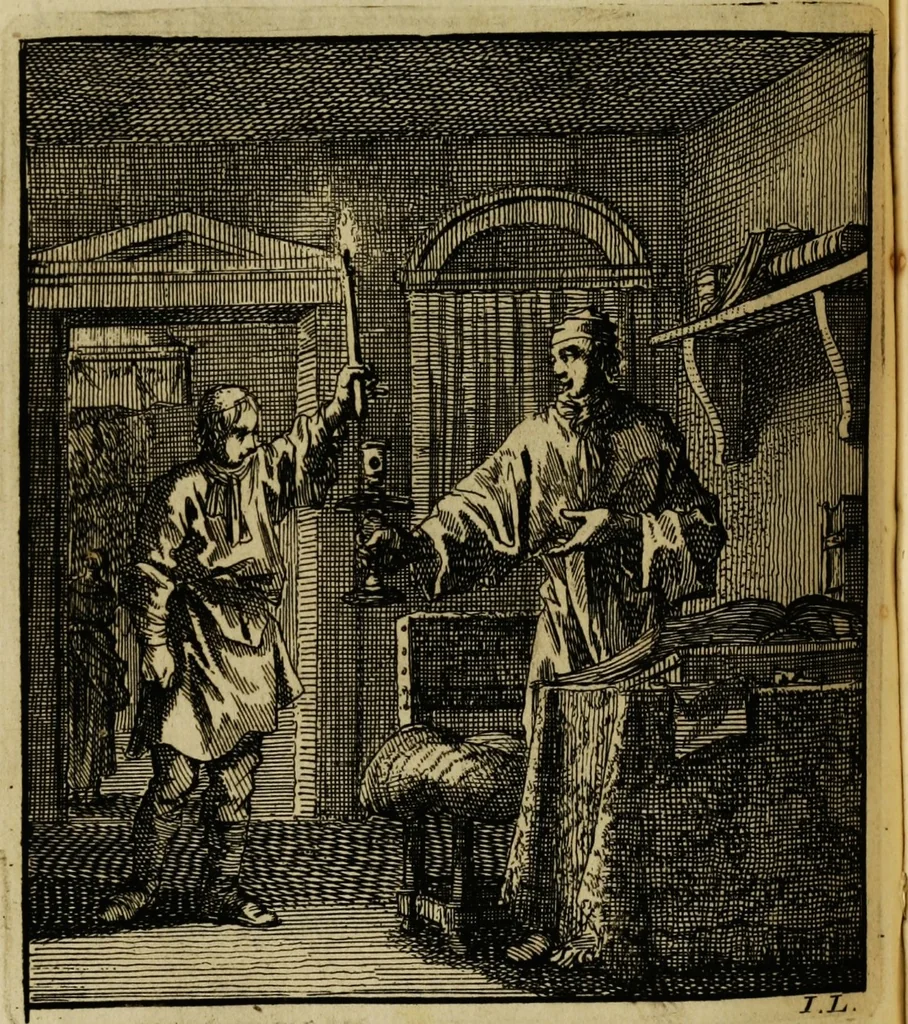 An illustration from Spiegel van het menselyk bedryf: vertoonende honderd verscheiden ambachten, konstig afgebeeld en met godlyke spreuken en stichtelyke verzen verryke, 1730, leaf 276