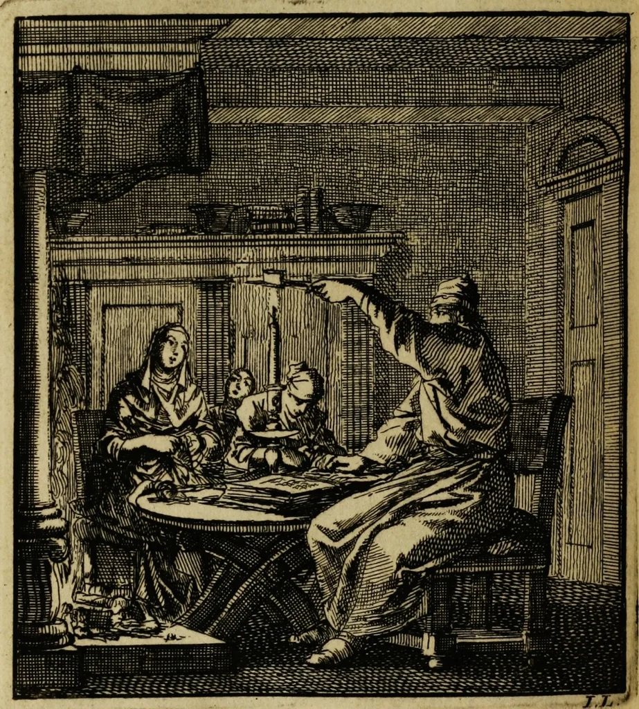 An illustration from Spiegel van het menselyk bedryf: vertoonende honderd verscheiden ambachten, konstig afgebeeld en met godlyke spreuken en stichtelyke verzen verryke, 1730, leaf 280