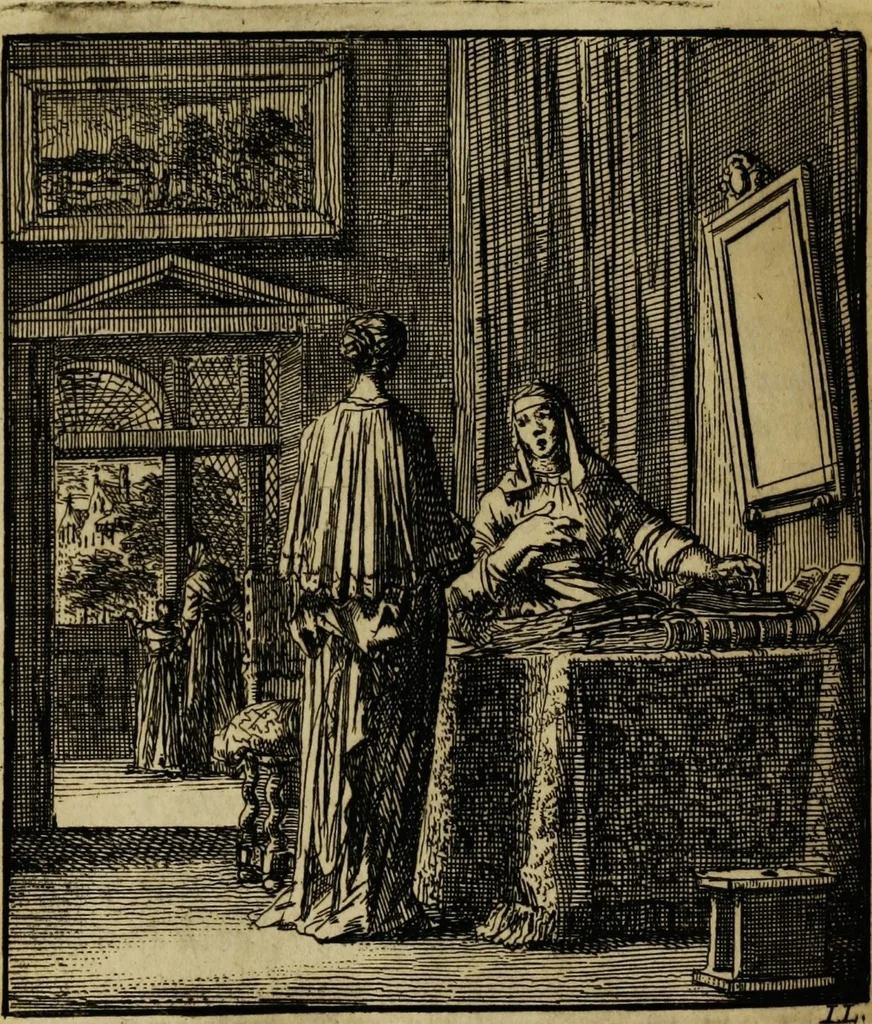 An illustration from Spiegel van het menselyk bedryf: vertoonende honderd verscheiden ambachten, konstig afgebeeld en met godlyke spreuken en stichtelyke verzen verryke, 1730, leaf 284