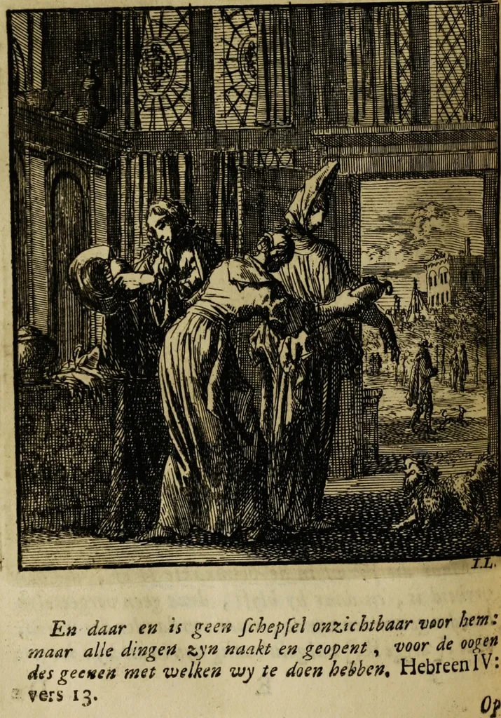 An illustration from Spiegel van het menselyk bedryf: vertoonende honderd verscheiden ambachten, konstig afgebeeld en met godlyke spreuken en stichtelyke verzen verryke, 1730, leaf 288