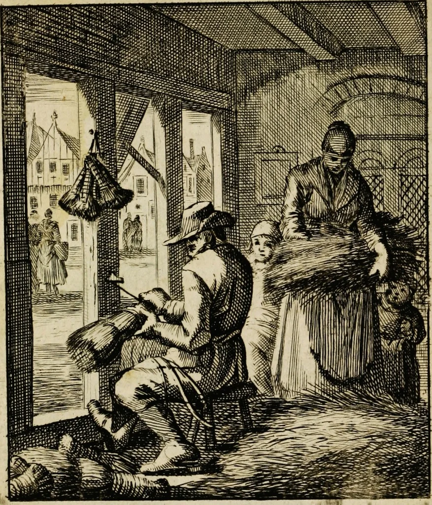 An illustration from Spiegel van het menselyk bedryf: vertoonende honderd verscheiden ambachten, konstig afgebeeld en met godlyke spreuken en stichtelyke verzen verryke, 1730, leaf 29