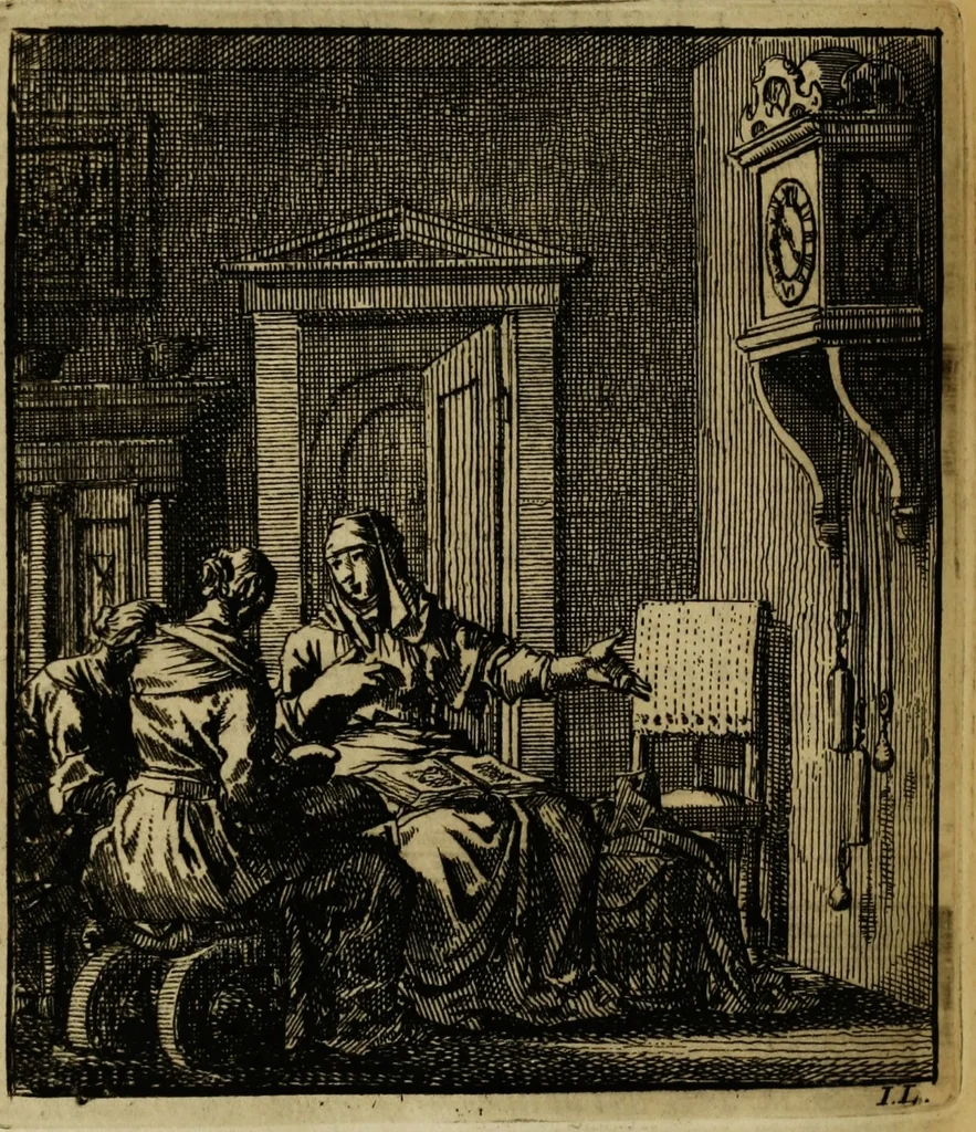 An illustration from Spiegel van het menselyk bedryf: vertoonende honderd verscheiden ambachten, konstig afgebeeld en met godlyke spreuken en stichtelyke verzen verryke, 1730, leaf 294
