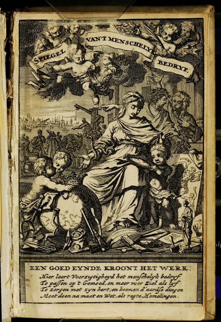 An illustration from Spiegel van het menselyk bedryf: vertoonende honderd verscheiden ambachten, konstig afgebeeld en met godlyke spreuken en stichtelyke verzen verryke, 1730, leaf 3