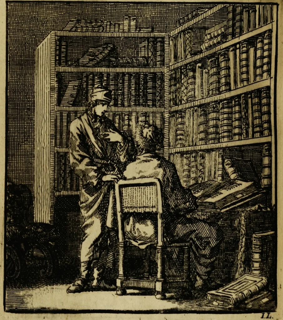 An illustration from Spiegel van het menselyk bedryf: vertoonende honderd verscheiden ambachten, konstig afgebeeld en met godlyke spreuken en stichtelyke verzen verryke, 1730, leaf 302