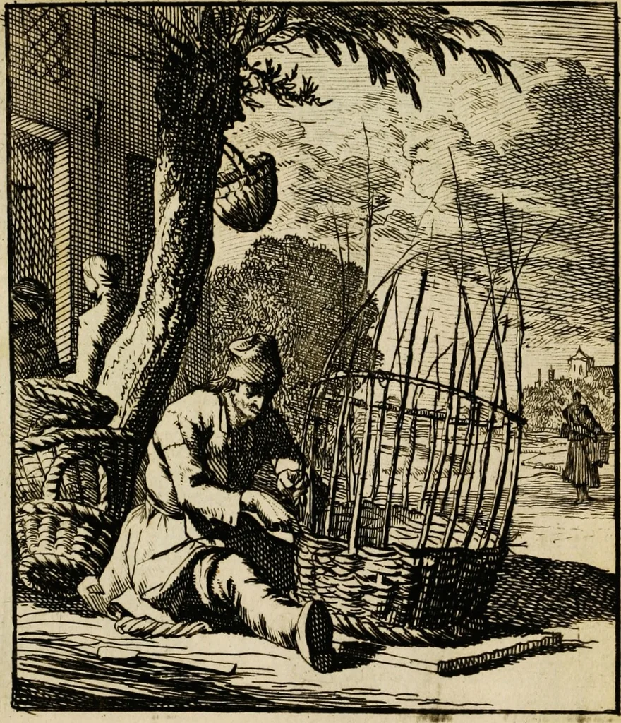 An illustration from Spiegel van het menselyk bedryf: vertoonende honderd verscheiden ambachten, konstig afgebeeld en met godlyke spreuken en stichtelyke verzen verryke, 1730, leaf 31