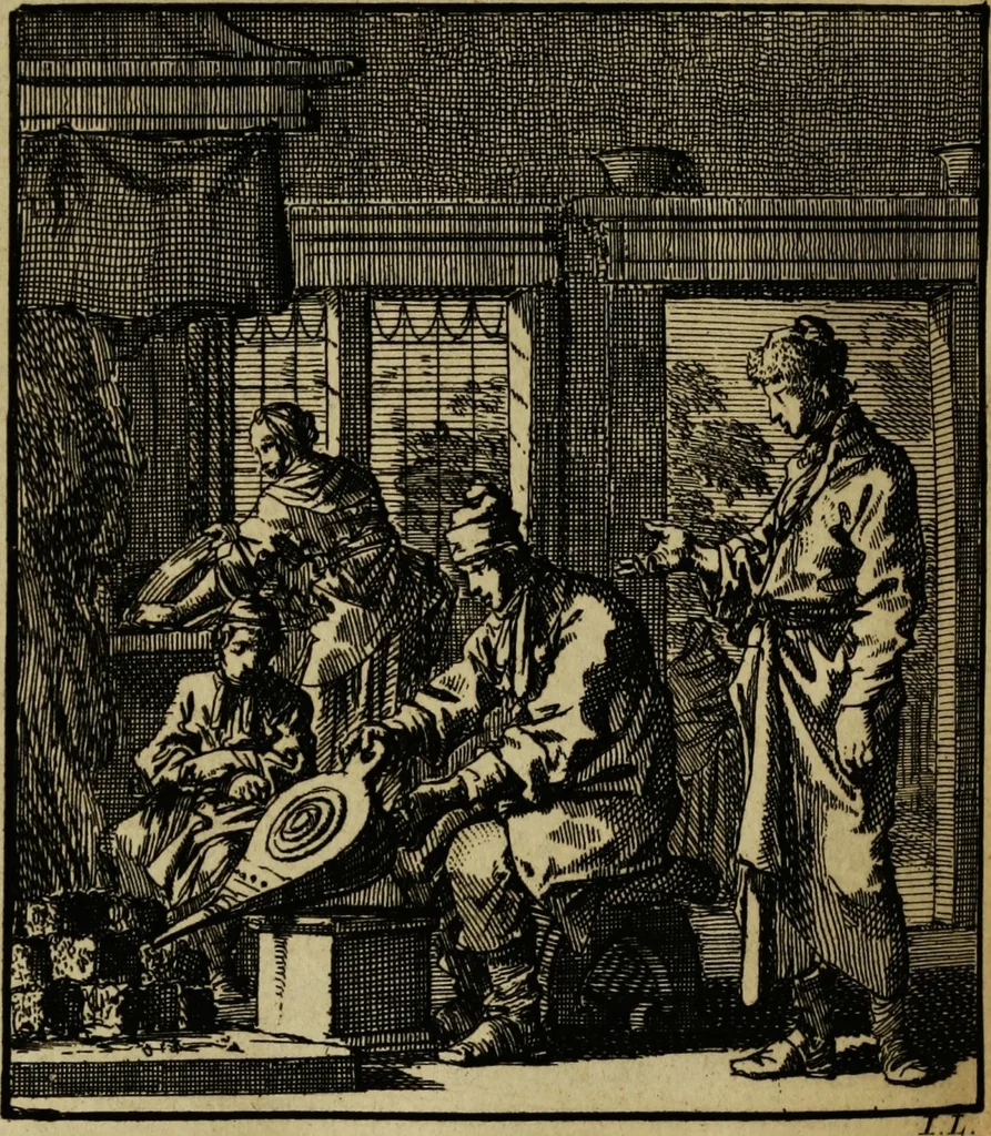 An illustration from Spiegel van het menselyk bedryf: vertoonende honderd verscheiden ambachten, konstig afgebeeld en met godlyke spreuken en stichtelyke verzen verryke, 1730, leaf 322