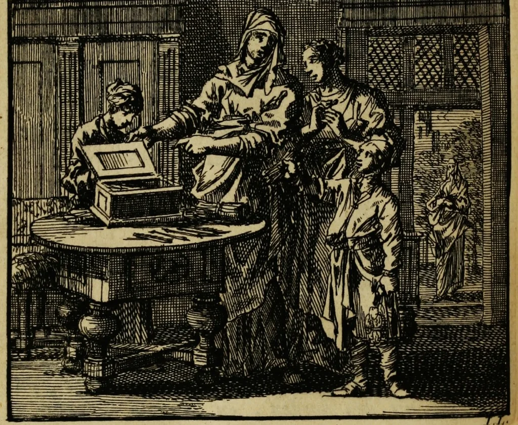 An illustration from Spiegel van het menselyk bedryf: vertoonende honderd verscheiden ambachten, konstig afgebeeld en met godlyke spreuken en stichtelyke verzen verryke, 1730, leaf 326