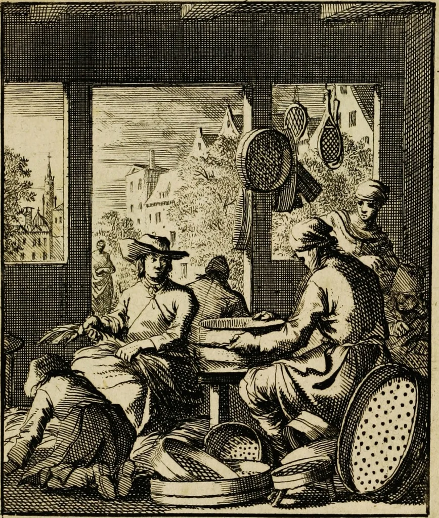 An illustration from Spiegel van het menselyk bedryf: vertoonende honderd verscheiden ambachten, konstig afgebeeld en met godlyke spreuken en stichtelyke verzen verryke, 1730, leaf 33