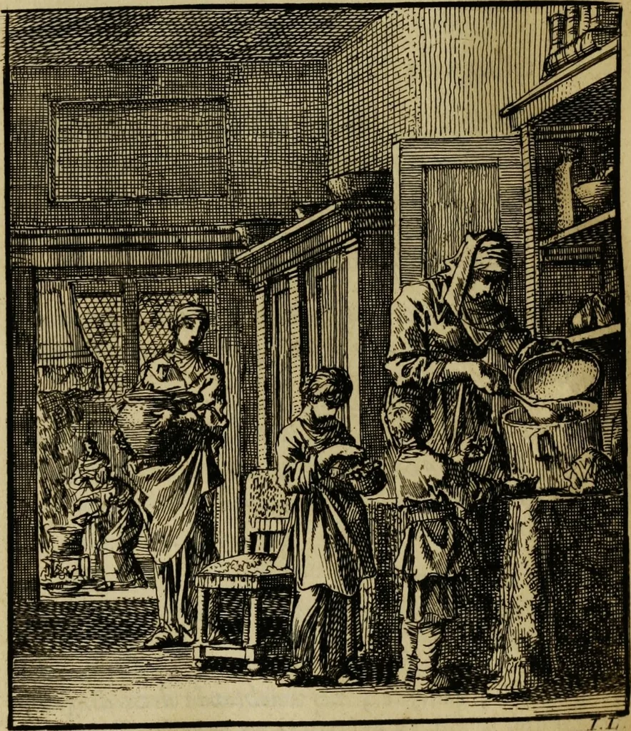 An illustration from Spiegel van het menselyk bedryf: vertoonende honderd verscheiden ambachten, konstig afgebeeld en met godlyke spreuken en stichtelyke verzen verryke, 1730, leaf 330