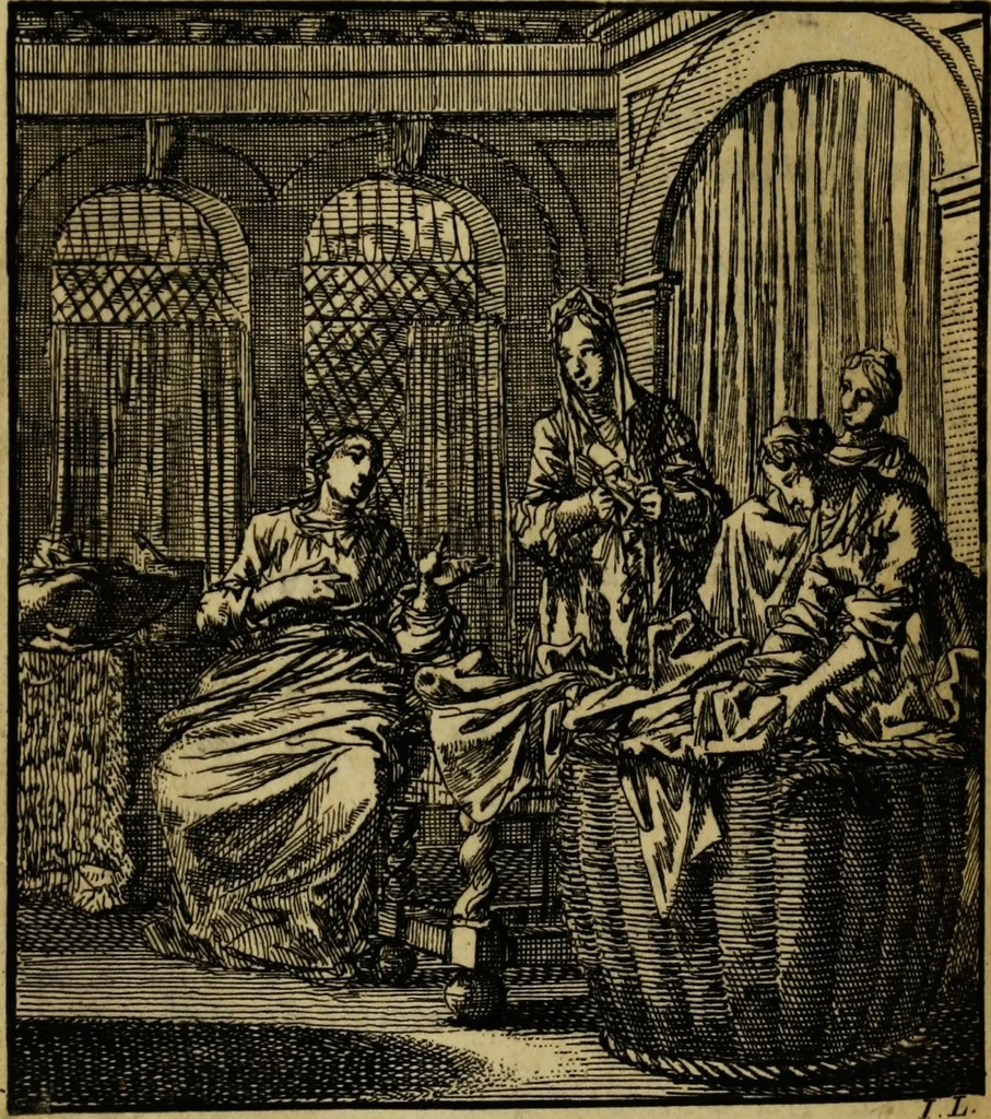 An illustration from Spiegel van het menselyk bedryf: vertoonende honderd verscheiden ambachten, konstig afgebeeld en met godlyke spreuken en stichtelyke verzen verryke, 1730, leaf 344