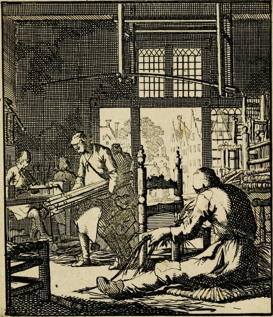 An illustration from Spiegel van het menselyk bedryf: vertoonende honderd verscheiden ambachten, konstig afgebeeld en met godlyke spreuken en stichtelyke verzen verryke, 1730, leaf 35