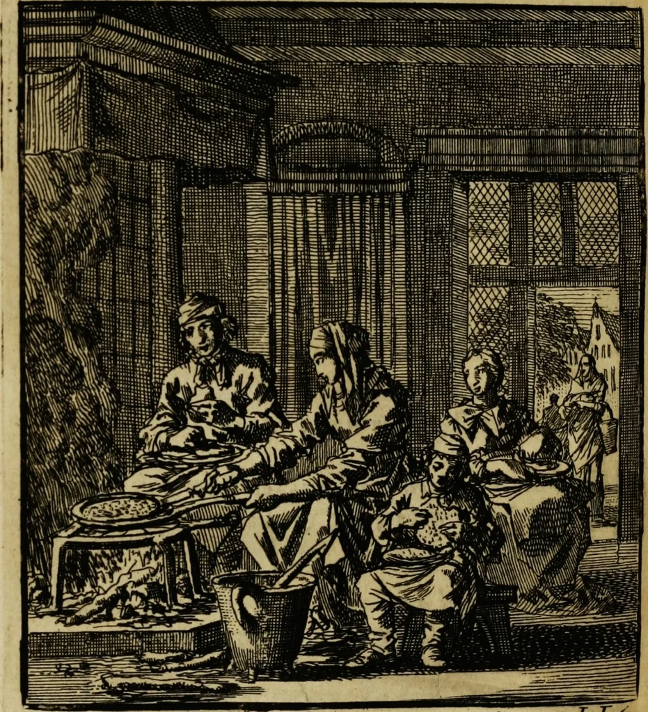 An illustration from Spiegel van het menselyk bedryf: vertoonende honderd verscheiden ambachten, konstig afgebeeld en met godlyke spreuken en stichtelyke verzen verryke, 1730, leaf 356