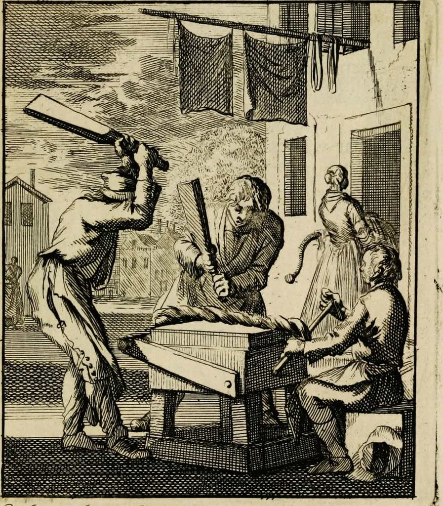 An illustration from Spiegel van het menselyk bedryf: vertoonende honderd verscheiden ambachten, konstig afgebeeld en met godlyke spreuken en stichtelyke verzen verryke, 1730, leaf 37
