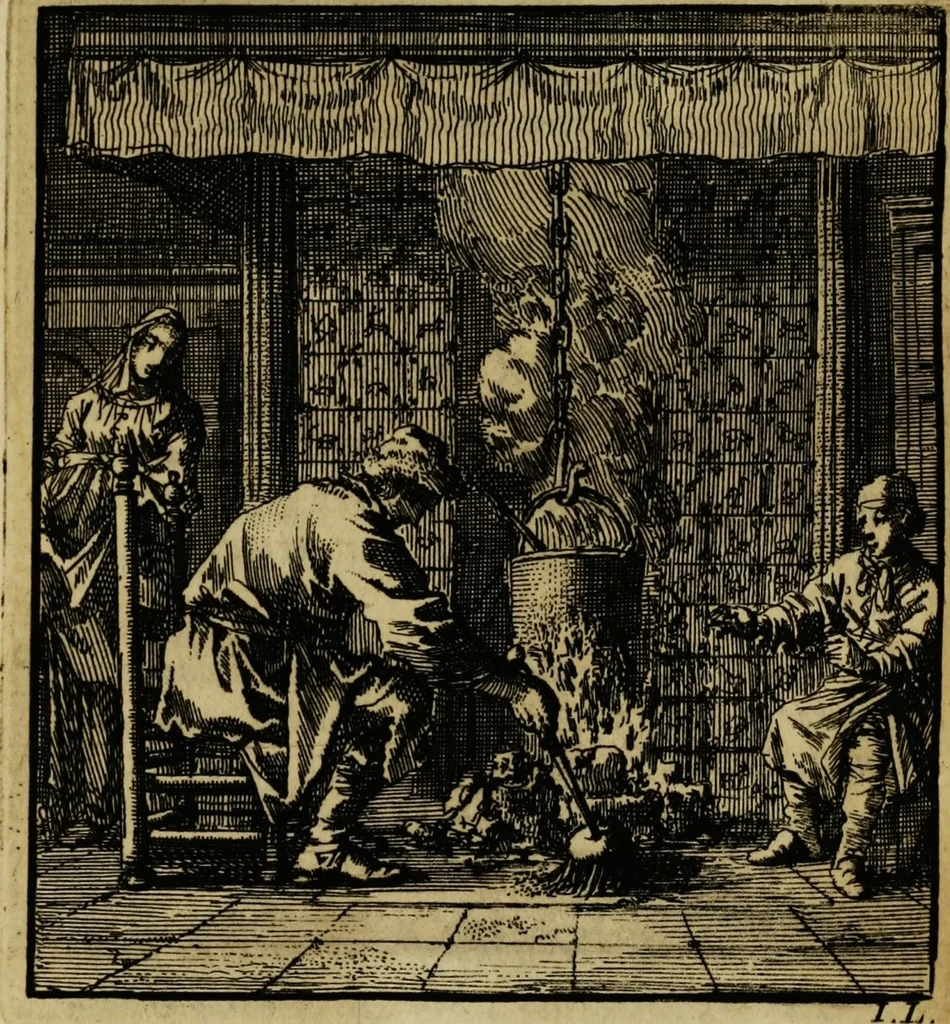 An illustration from Spiegel van het menselyk bedryf: vertoonende honderd verscheiden ambachten, konstig afgebeeld en met godlyke spreuken en stichtelyke verzen verryke, 1730, leaf 372