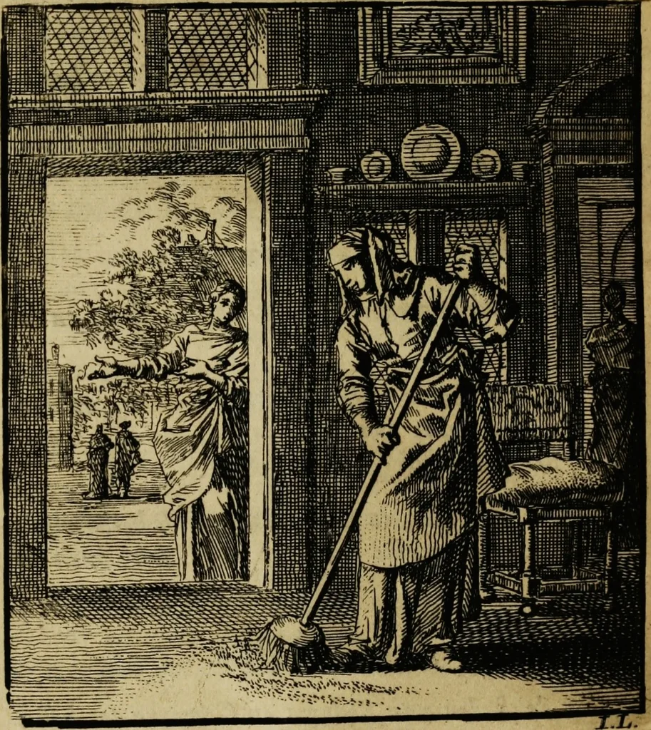 An illustration from Spiegel van het menselyk bedryf: vertoonende honderd verscheiden ambachten, konstig afgebeeld en met godlyke spreuken en stichtelyke verzen verryke, 1730, leaf 376