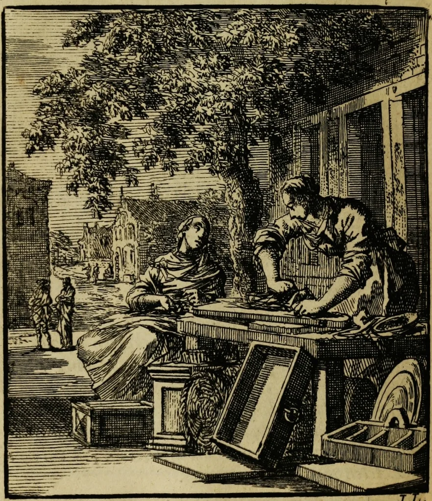 An illustration from Spiegel van het menselyk bedryf: vertoonende honderd verscheiden ambachten, konstig afgebeeld en met godlyke spreuken en stichtelyke verzen verryke, 1730, leaf 378