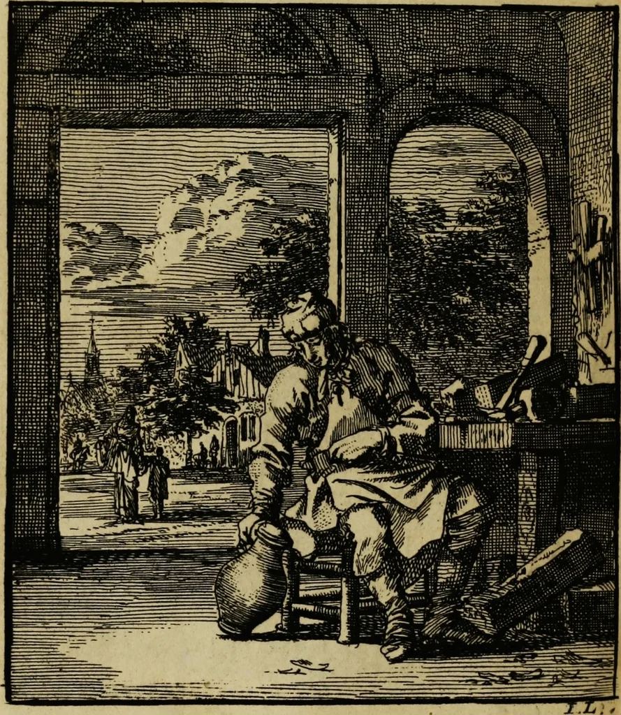 An illustration from Spiegel van het menselyk bedryf: vertoonende honderd verscheiden ambachten, konstig afgebeeld en met godlyke spreuken en stichtelyke verzen verryke, 1730, leaf 382