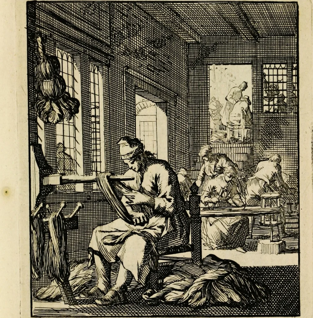 An illustration from Spiegel van het menselyk bedryf: vertoonende honderd verscheiden ambachten, konstig afgebeeld en met godlyke spreuken en stichtelyke verzen verryke, 1730, leaf 39