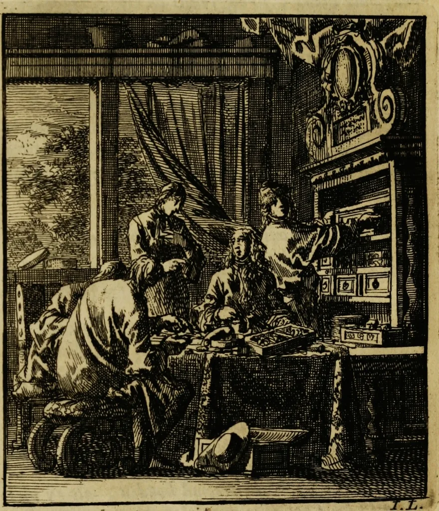 An illustration from Spiegel van het menselyk bedryf: vertoonende honderd verscheiden ambachten, konstig afgebeeld en met godlyke spreuken en stichtelyke verzen verryke, 1730, leaf 394