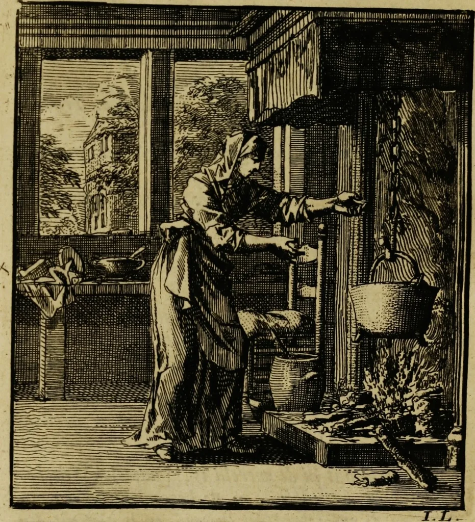 An illustration from Spiegel van het menselyk bedryf: vertoonende honderd verscheiden ambachten, konstig afgebeeld en met godlyke spreuken en stichtelyke verzen verryke, 1730, leaf 398