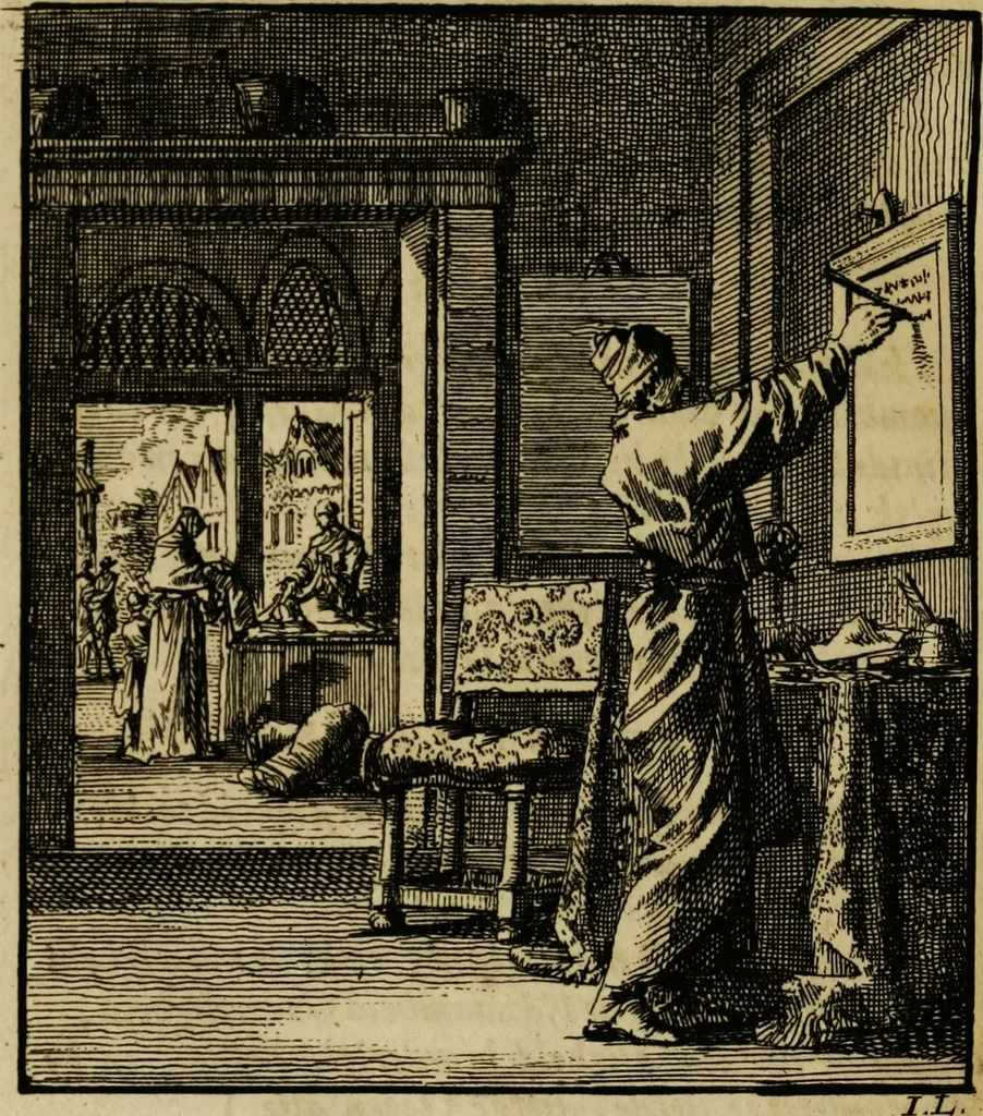 An illustration from Spiegel van het menselyk bedryf: vertoonende honderd verscheiden ambachten, konstig afgebeeld en met godlyke spreuken en stichtelyke verzen verryke, 1730, leaf 402