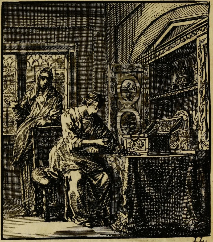 An illustration from Spiegel van het menselyk bedryf: vertoonende honderd verscheiden ambachten, konstig afgebeeld en met godlyke spreuken en stichtelyke verzen verryke, 1730, leaf 406