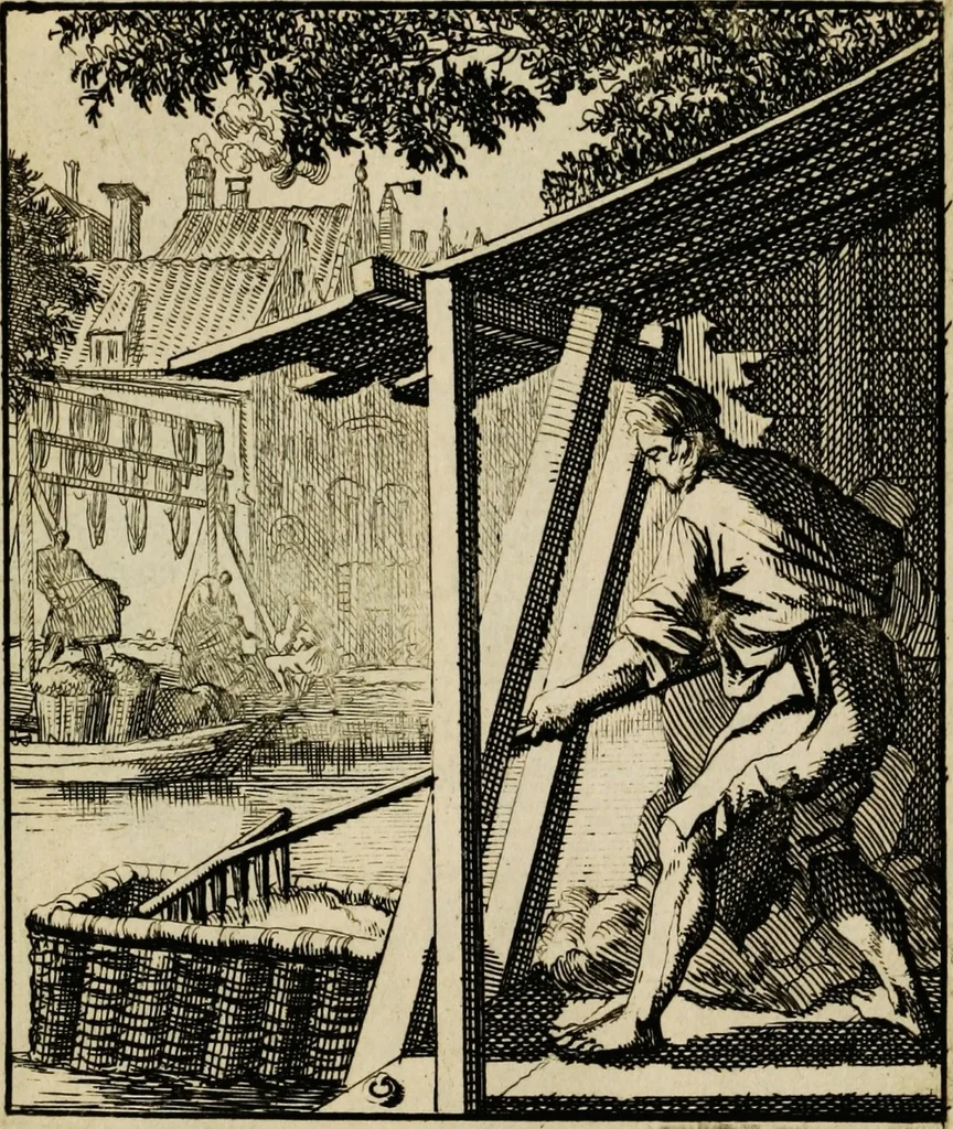 An illustration from Spiegel van het menselyk bedryf: vertoonende honderd verscheiden ambachten, konstig afgebeeld en met godlyke spreuken en stichtelyke verzen verryke, 1730, leaf 41