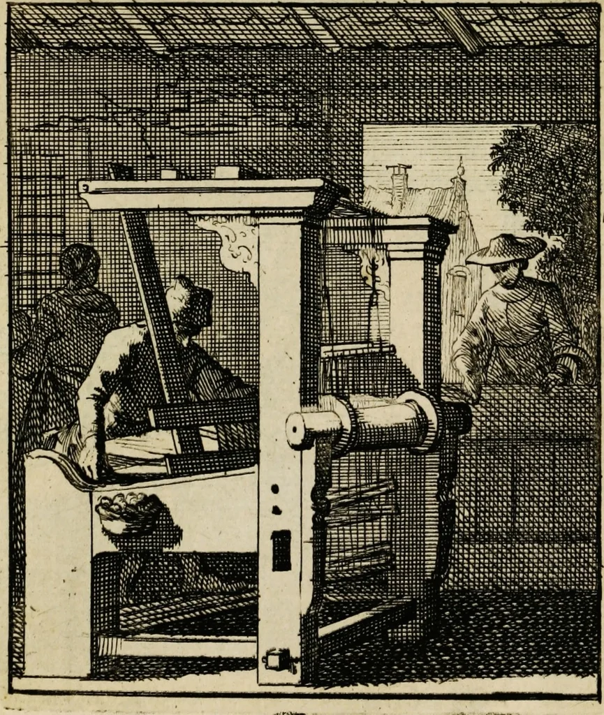 An illustration from Spiegel van het menselyk bedryf: vertoonende honderd verscheiden ambachten, konstig afgebeeld en met godlyke spreuken en stichtelyke verzen verryke, 1730, leaf 43