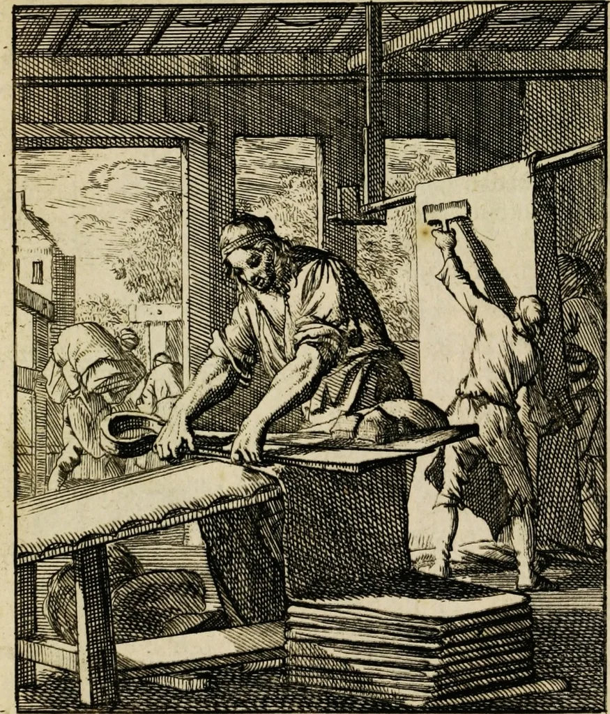 An illustration from Spiegel van het menselyk bedryf: vertoonende honderd verscheiden ambachten, konstig afgebeeld en met godlyke spreuken en stichtelyke verzen verryke, 1730, leaf 45