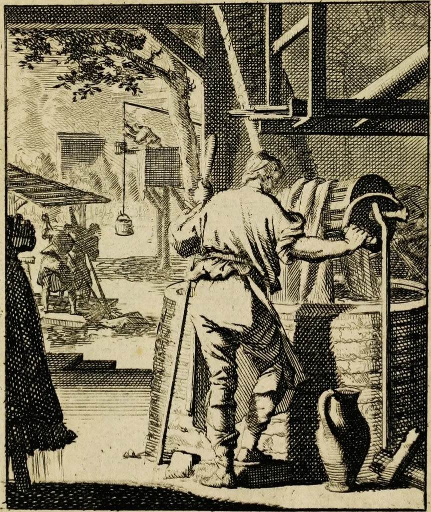 An illustration from Spiegel van het menselyk bedryf: vertoonende honderd verscheiden ambachten, konstig afgebeeld en met godlyke spreuken en stichtelyke verzen verryke, 1730, leaf 47