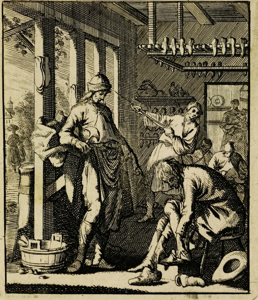 An illustration from Spiegel van het menselyk bedryf: vertoonende honderd verscheiden ambachten, konstig afgebeeld en met godlyke spreuken en stichtelyke verzen verryke, 1730, leaf 49