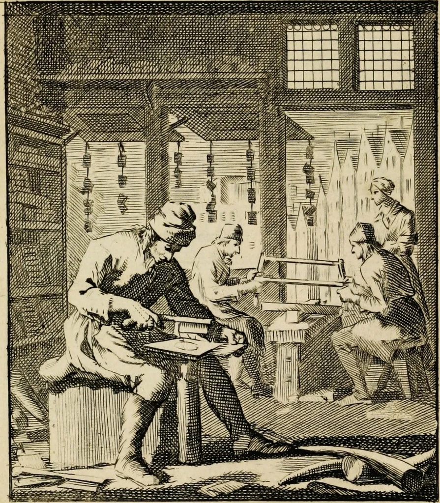 An illustration from Spiegel van het menselyk bedryf: vertoonende honderd verscheiden ambachten, konstig afgebeeld en met godlyke spreuken en stichtelyke verzen verryke, 1730, leaf 51