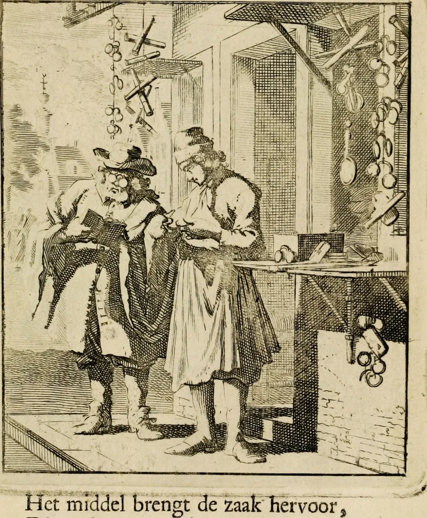 An illustration from Spiegel van het menselyk bedryf: vertoonende honderd verscheiden ambachten, konstig afgebeeld en met godlyke spreuken en stichtelyke verzen verryke, 1730, leaf 53