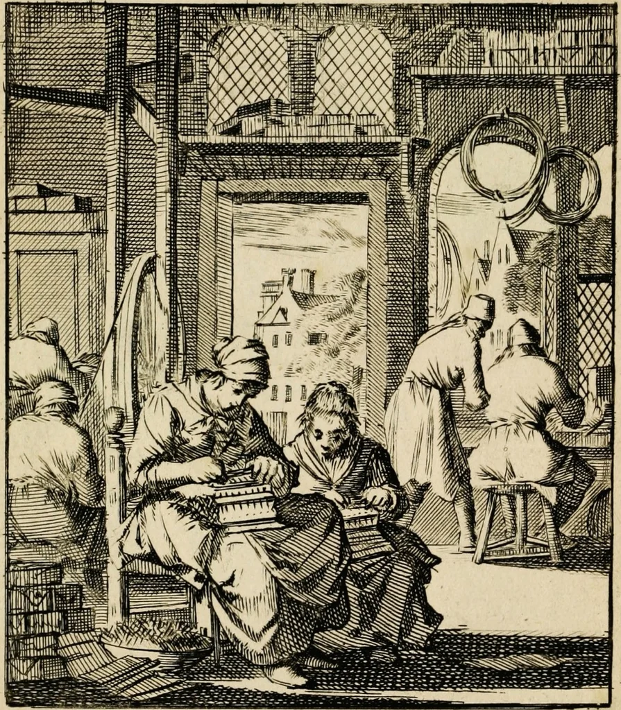 An illustration from Spiegel van het menselyk bedryf: vertoonende honderd verscheiden ambachten, konstig afgebeeld en met godlyke spreuken en stichtelyke verzen verryke, 1730, leaf 57