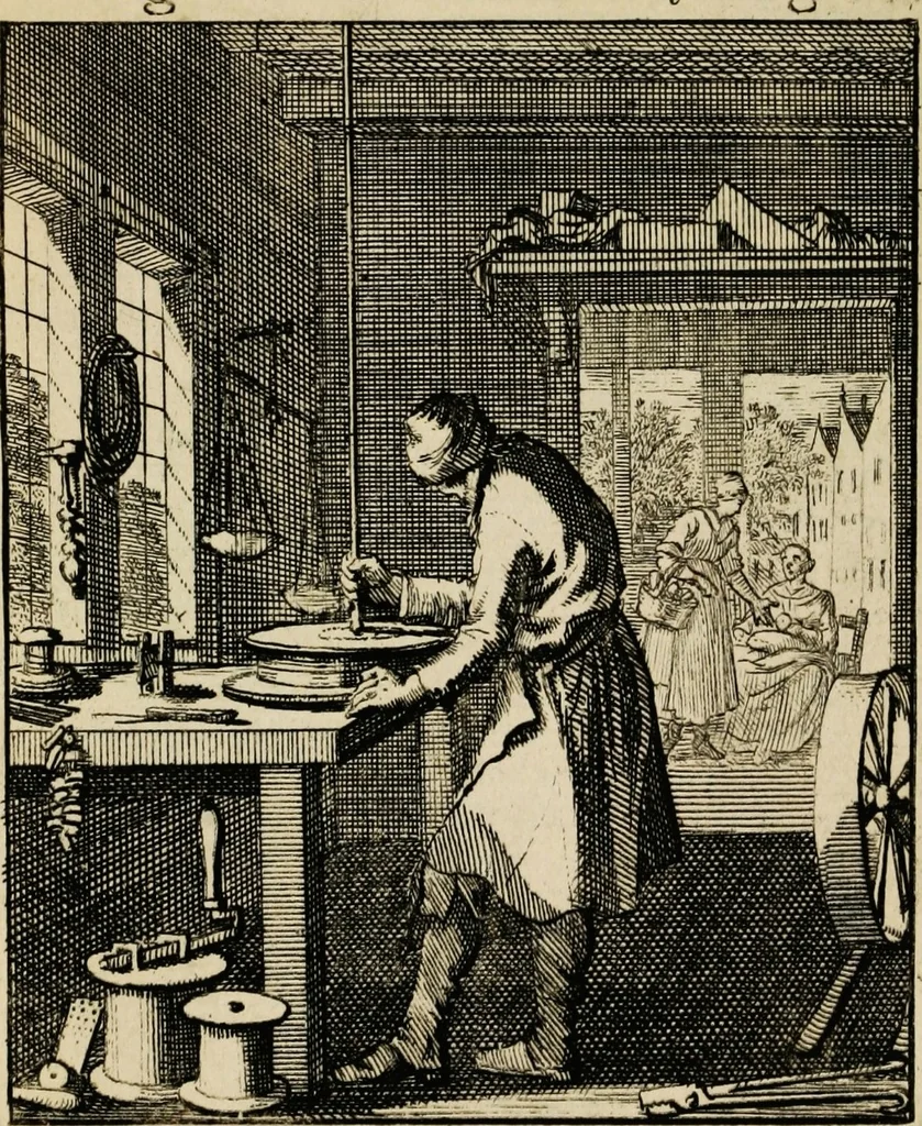 An illustration from Spiegel van het menselyk bedryf: vertoonende honderd verscheiden ambachten, konstig afgebeeld en met godlyke spreuken en stichtelyke verzen verryke, 1730, leaf 59