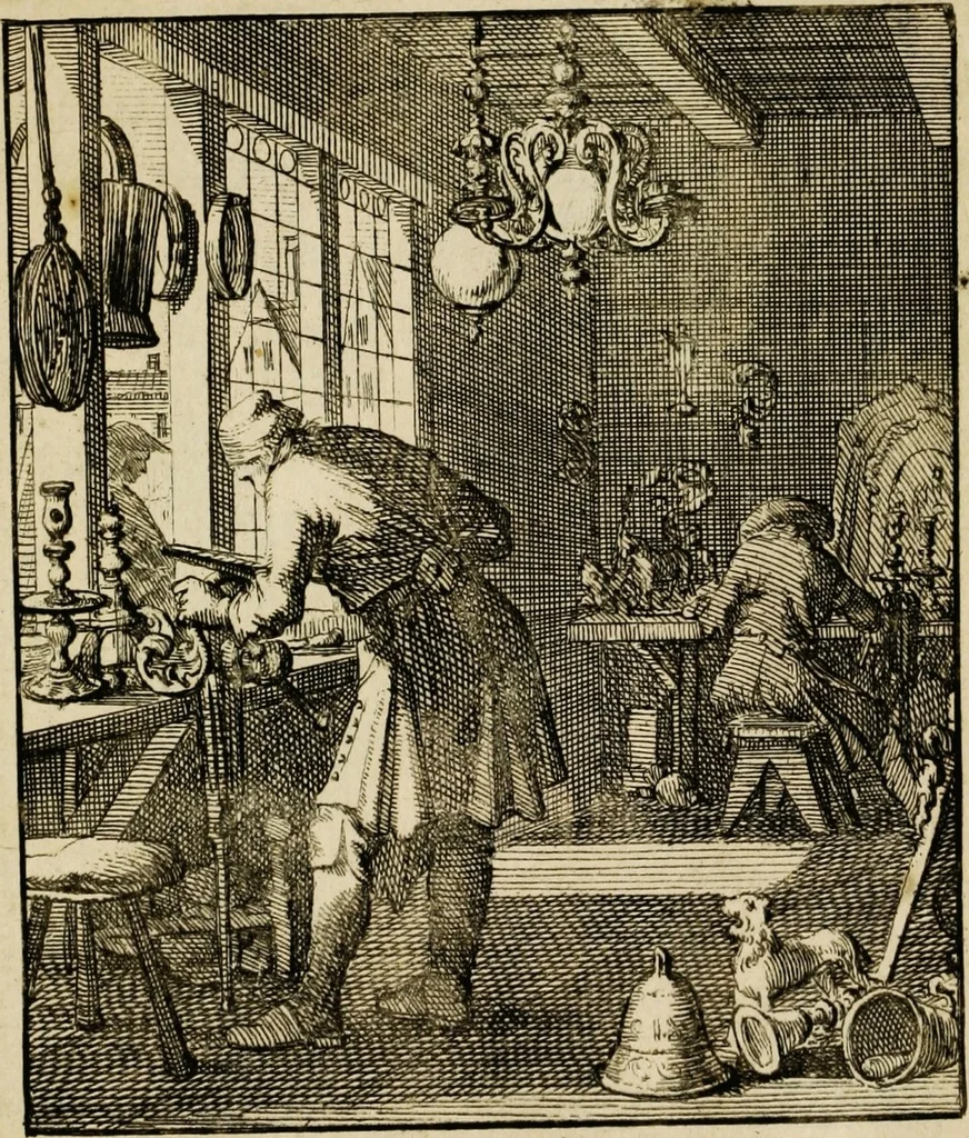 An illustration from Spiegel van het menselyk bedryf: vertoonende honderd verscheiden ambachten, konstig afgebeeld en met godlyke spreuken en stichtelyke verzen verryke, 1730, leaf 61