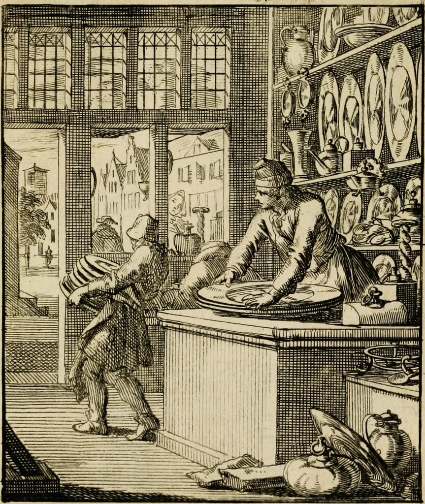 An illustration from Spiegel van het menselyk bedryf: vertoonende honderd verscheiden ambachten, konstig afgebeeld en met godlyke spreuken en stichtelyke verzen verryke, 1730, leaf 63