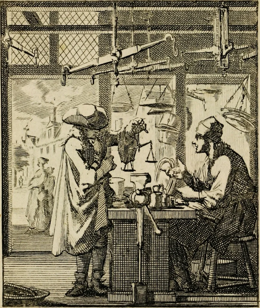 An illustration from Spiegel van het menselyk bedryf: vertoonende honderd verscheiden ambachten, konstig afgebeeld en met godlyke spreuken en stichtelyke verzen verryke, 1730, leaf 65