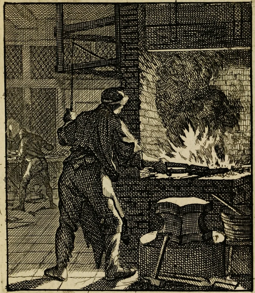 An illustration from Spiegel van het menselyk bedryf: vertoonende honderd verscheiden ambachten, konstig afgebeeld en met godlyke spreuken en stichtelyke verzen verryke, 1730, leaf 67